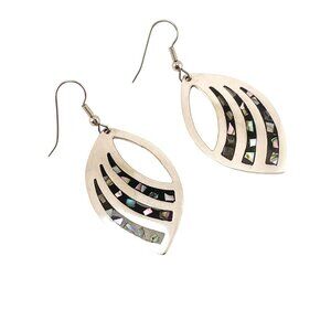 Sterling Silver Abalone Shell Inlay Leaf Shaped Dangle Earrings Abalone Inlay Ea